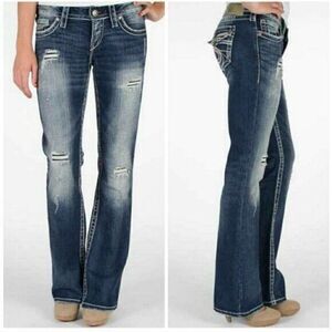 Silver Pioneer Boot Cut Jeans Size 28 W 33 L Distressed Holes Flap Pocket Denim*